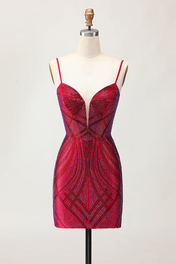 Burgundy Beaded Spaghetti Straps Bodycon Homecoming Dress